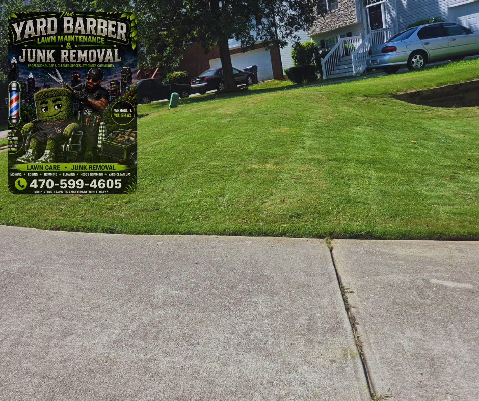 The Yard Barber recent lawn care work with a freshly cut front lawn